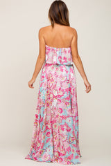 Fuchsia Floral Satin Strapless Front Tie Maxi Dress