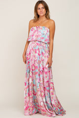 Fuchsia Floral Satin Strapless Front Tie Maxi Dress