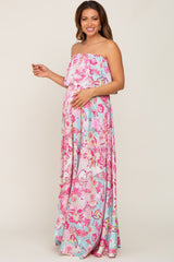 Fuchsia Floral Satin Strapless Front Tie Maternity Maxi Dress