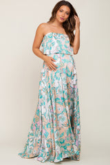 Jade Floral Satin Strapless Front Tie Maternity Maxi Dress