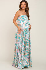 Jade Floral Satin Strapless Front Tie Maternity Maxi Dress