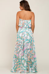 Jade Floral Satin Strapless Front Tie Maternity Maxi Dress