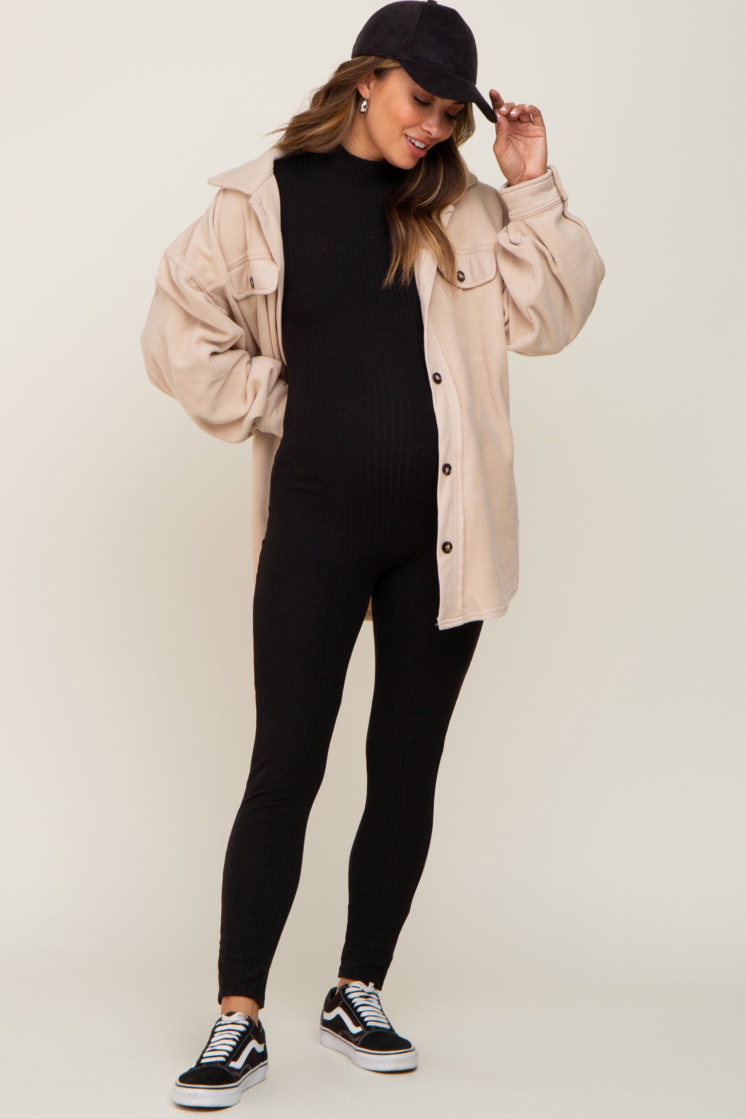 Black Ribbed Mock Neck Long Sleeve Maternity Jumpsuit– PinkBlush