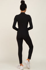 Black Ribbed Mock Neck Long Sleeve Jumpsuit