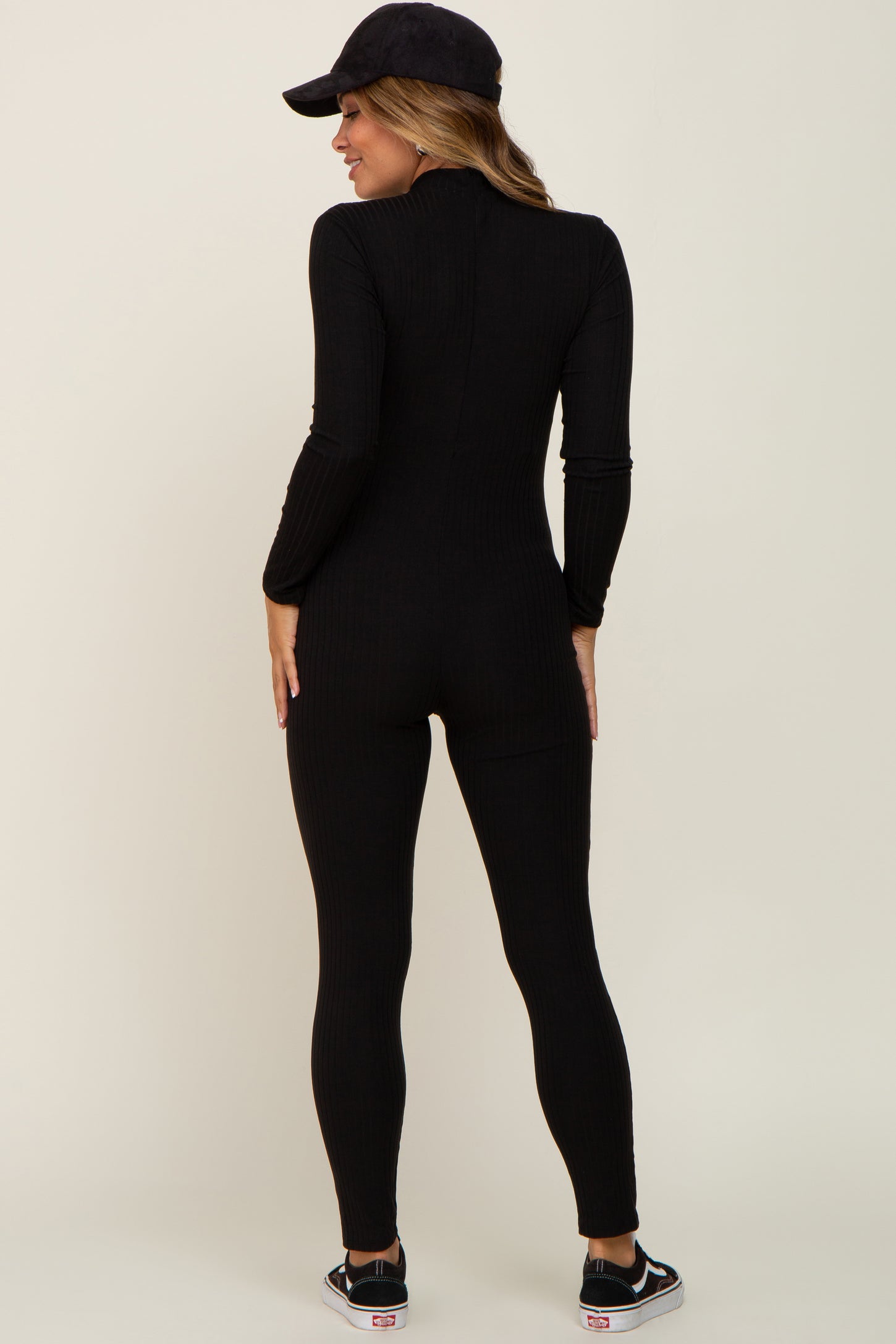 Long Sleeve Zip Up Jumpsuit In Black Ribbed