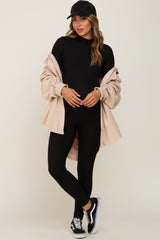 Black Ribbed Mock Neck Long Sleeve Maternity Jumpsuit