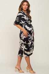 Black Printed Button Down Satin Maternity Midi Dress