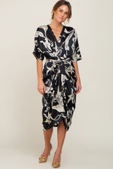 Black Printed Button Down Satin Maternity Midi Dress