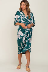 Green Printed Button Down Satin Maternity Midi Dress