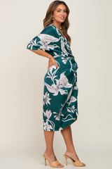 Green Printed Button Down Satin Maternity Midi Dress