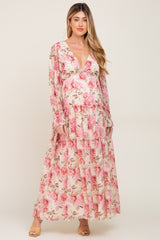 Ivory Floral Chiffon Ruffle Tiered Maternity Maxi Dress