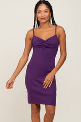 Purple Metallic Ruched Front Fitted Dress