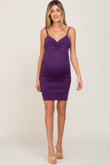 Purple Metallic Ruched Front Fitted Maternity Dress