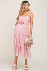 Pink Pleated Tiered Maternity Midi Dress