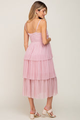 Pink Pleated Tiered Maternity Midi Dress