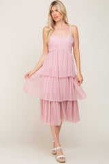 Pink Pleated Tiered Midi Dress