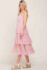 Pink Pleated Tiered Midi Dress