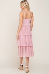 Pink Pleated Tiered Midi Dress