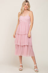 Pink Pleated Tiered Maternity Midi Dress