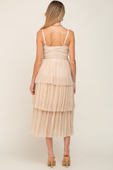 Beige Pleated Tiered Maternity Midi Dress