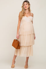 Beige Pleated Tiered Maternity Midi Dress