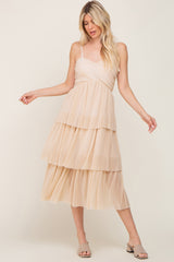 Beige Pleated Tiered Maternity Midi Dress