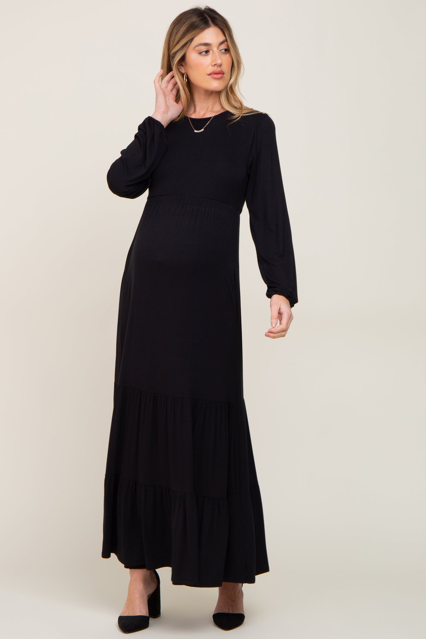 Black Long Sleeve Tiered Maternity Maxi Dress– PinkBlush