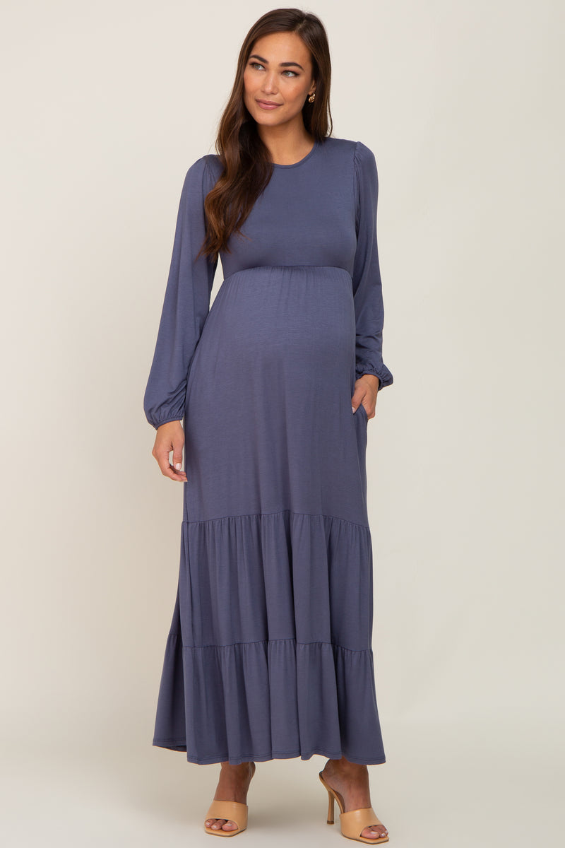 Blue Long Sleeve Tiered Maternity Maxi Dress – PinkBlush