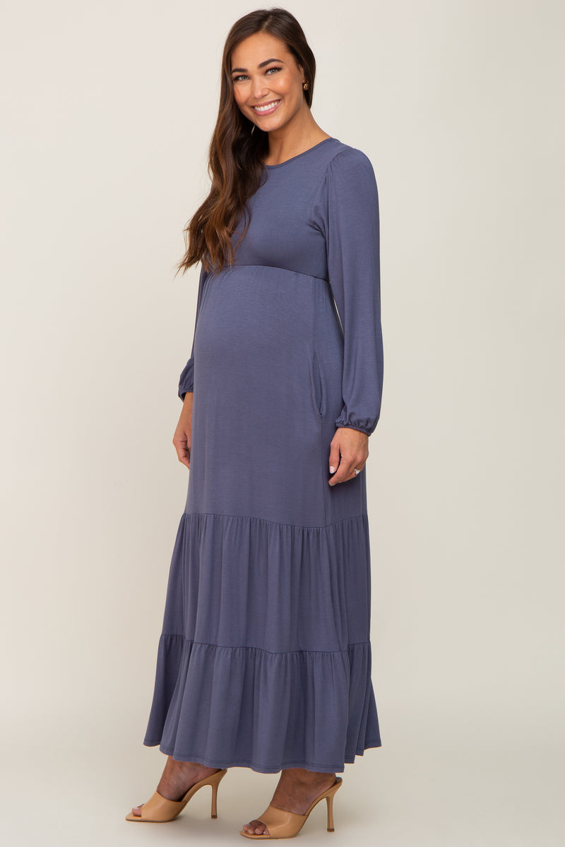 Blue Long Sleeve Tiered Maternity Maxi Dress – PinkBlush