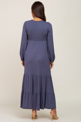 Blue Long Sleeve Tiered Maternity Maxi Dress