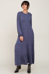 Blue Long Sleeve Tiered Maxi Dress