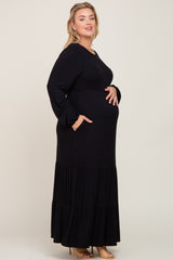 Black Long Sleeve Tiered Maternity Plus Maxi Dress