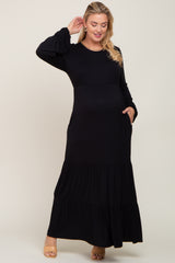 Black Long Sleeve Tiered Maternity Plus Maxi Dress