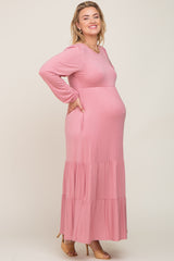 Mauve Long Sleeve Tiered Maternity Plus Maxi Dress