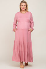 Mauve Long Sleeve Tiered Maternity Plus Maxi Dress