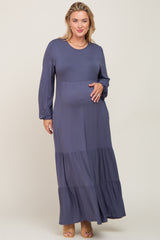 Blue Long Sleeve Tiered Maternity Plus Maxi Dress