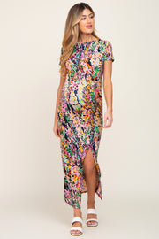 Navy Multi-Color Floral Side Slit Maternity Maxi Dress