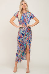 Royal Blue Multi-Color Floral Side Slit Maternity Maxi Dress