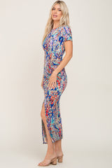 Royal Blue Multi-Color Floral Side Slit Maxi Dress