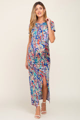 Royal Blue Multi-Color Floral Side Slit Maternity Maxi Dress