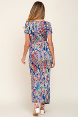 Royal Blue Multi-Color Floral Side Slit Maternity Maxi Dress