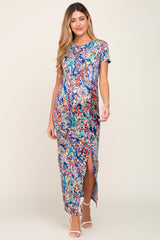 Royal Blue Multi-Color Floral Side Slit Maternity Maxi Dress