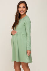 Green Ribbed Basic Long Sleeve Maternity Dress