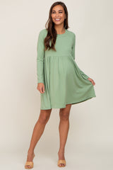 Green Ribbed Basic Long Sleeve Maternity Dress