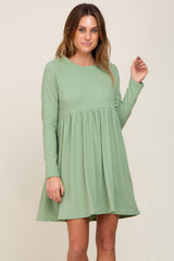 Green Ribbed Basic Long Sleeve Maternity Dress