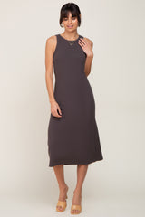 Charcoal Ribbed Sleeveless A-Line Midi Dress