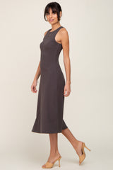 Charcoal Ribbed Sleeveless A-Line Midi Dress