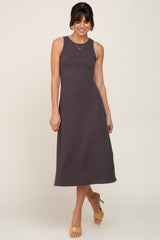 Charcoal Ribbed Sleeveless A-Line Midi Dress