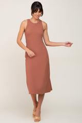 Rust Ribbed Sleeveless A-Line Maternity Midi Dress