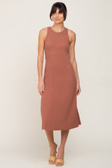 Rust Ribbed Sleeveless A-Line Midi Dress